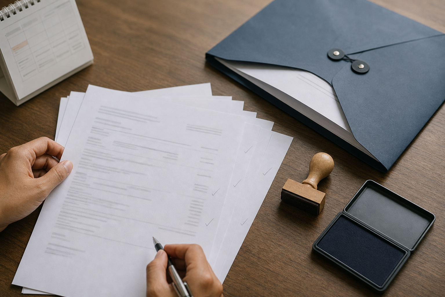 An overhead view of a trade finance checking desk: a slit-open presentation envelope, a fanned set of documents with pencil ticks in the margins, a wooden date stamp beside an ink pad, and a desk calendar at the edge of the frame.